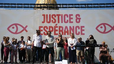 Marie Levier a pris la parole lors d'une manifestation organisée par le collectif chrétien "Justice et Espérance" contre la montée des partis d'extrême droite, à Paris le 23 juin 2024.