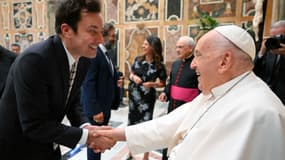 Une photo prise le 14 juin 2024 montre le pape François serrant la main de l'acteur américain Jimmy Fallon lors d'une audience avec des humoristes au Vatican.