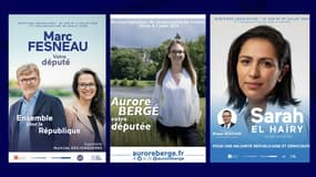 Les affiches des membres du gouvernement Marc Fesneau, Aurore Bergé et Sarah El Haïry pour les élections législatives des 30 juin et 7 juillet 2024.