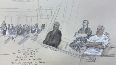 Croquis d'audience de Mohamed Ghraieb (d and de Chokri Chafroud (c) lors du procès en appel de l'attentat de Nice, le 22 avril 2024 à Paris