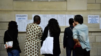 Des professeurs et des élèves regardent les résultats du baccalauréat (examen de fin d'études secondaires) au lycée Voltaire à Paris, le 4 juillet 2023.