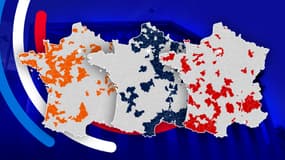 La carte des résultats d'Ensemble, du RN et de ses alliés, et des candidats de gauche aux élections législatives de 2024.