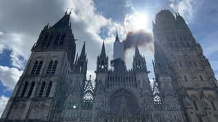 La cathédrale de Rouen en feu le 11 juillet 2024.