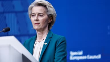 La présidente de la Commission européenne Ursula von der Leyen en conférence de presse au Conseil européenne, à Bruxelles, le 18 avril 2024