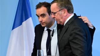 Le ministre français Sébastien Lecornu (G) avec Boris Pistorius, son homologue allemand après lannonce de l'accord sur le MGCS.