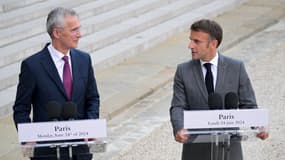 Le secrétaire général de l'Otan Jens Stoltenberg et Emmanuel Macron à l'Elysée ce lundi 24 juin.