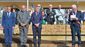 Sébastien Lecornu, Éric Dupond-Moretti, Gérald Darmanin et Patrick Maugars, maire d'Incarville, le 16 mai 2024