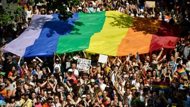 Un drapeau arc-en-ciel géant pendant la Marche des fiertés LGBT+, le 24 juin 2023 à Paris.