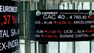 Un écran montre des titres du CAC 40, à la Défense, près de Paris, le 9 mars 2020