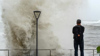 Un homme regarde les vagues sur à marée haute après le passage de l'ouragan Beryl à Saint-Domingue, le 2 juillet 2024