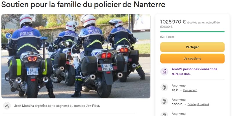 Une cagnotte de soutien au policier qui a tiré sur Nahel, 17 ans, a récolté plus d'un million d'euros, le 3 juillet 2023.