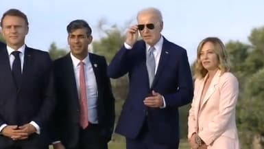 Une image du président américain Joe Biden, accompagné d'Emmanuel Macron, Giorgia Meloni et Rishi Sunak